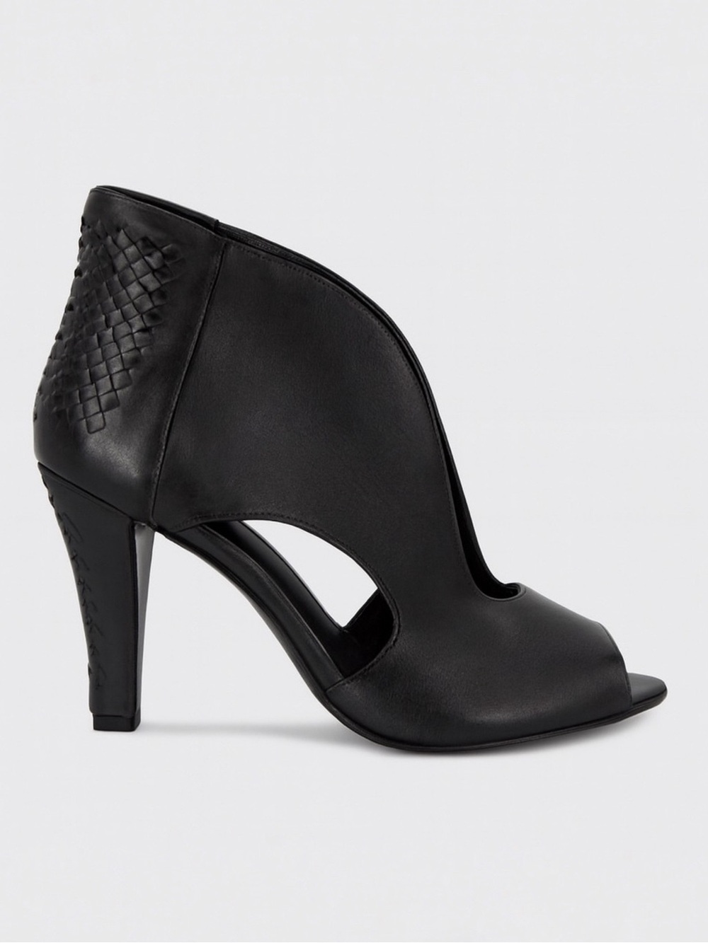 Elliott Lucca Alessandra Peep Toe Woven Heel Black Booties Size 7
